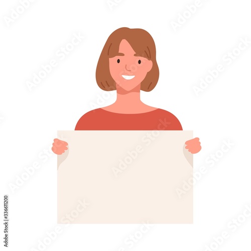 Young woman demonstrating empty placard isolated on white background. Smiling girl holding a blank banner with a place for text. Vector illustration in flat cartoon style