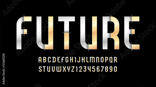 Future metallic font, bright modern alphabet, trendy letters and numbers made of silver and golden parts, vector illustration 10EPS