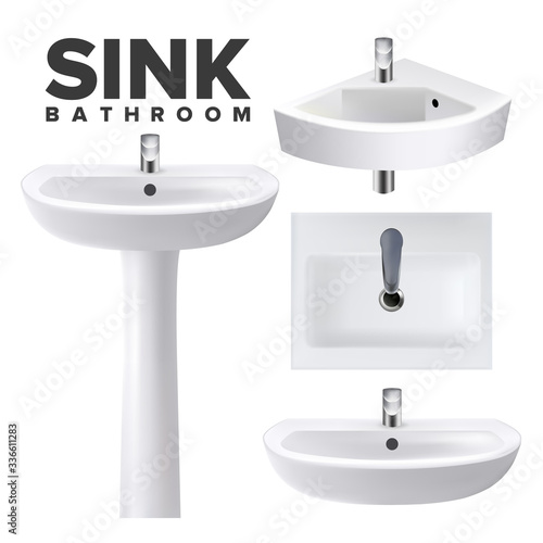 Bathroom Sinks For Wash Hands And Face Set Vector. Collection Of Different Design Restroom Ceramic Sinks, Standing On Pedestal, Modern And Classical Style. Template Realistic 3d Illustrations