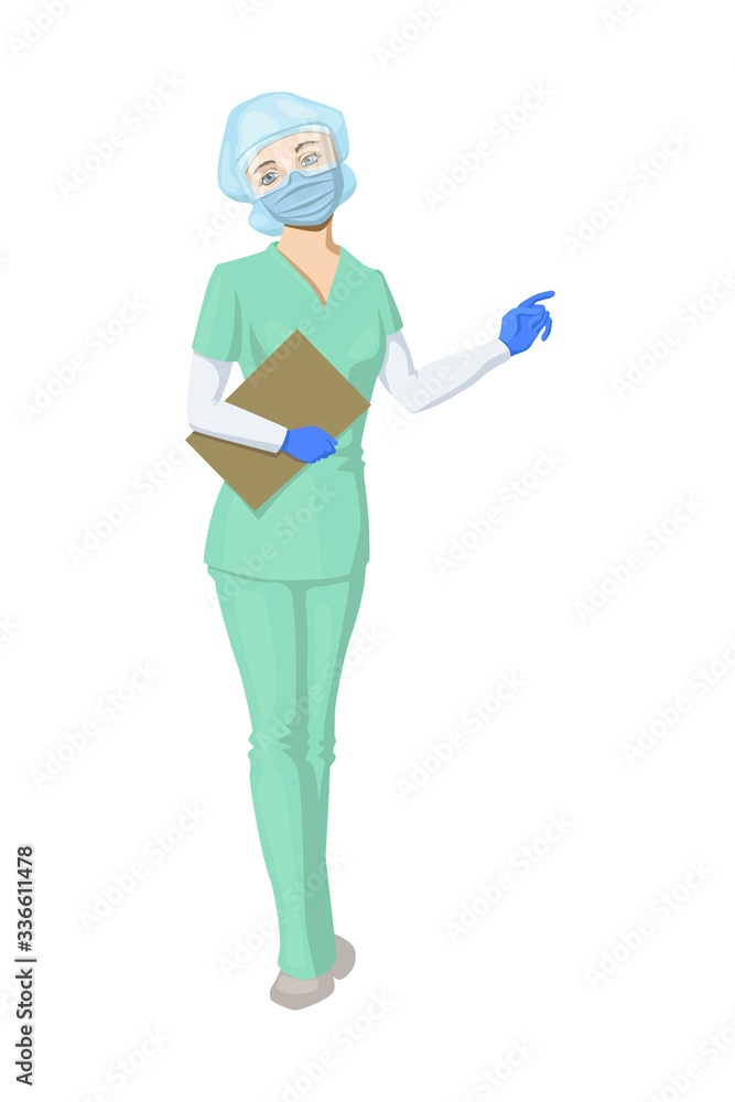Doctor in medical mask and goggles pointing finger. Doctor in medical mask and goggles pointing finger.