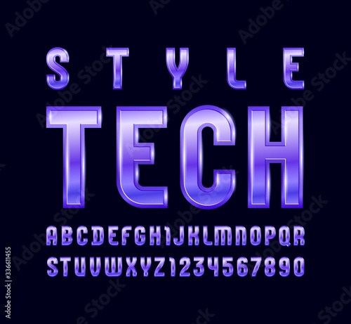 High steel font of purple style, trendy glossy alphabet, bright Latin letters from A to Z and Arab numbers from 0 to 9 for you designs, vector illustration 10EPS