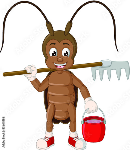 Brown Cockroach With Garden Fork and Red Bucket Full of Water Cartoon
