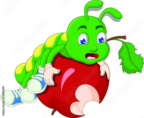 Cool Green Caterpillar on Red Bitten Apple Cartoon