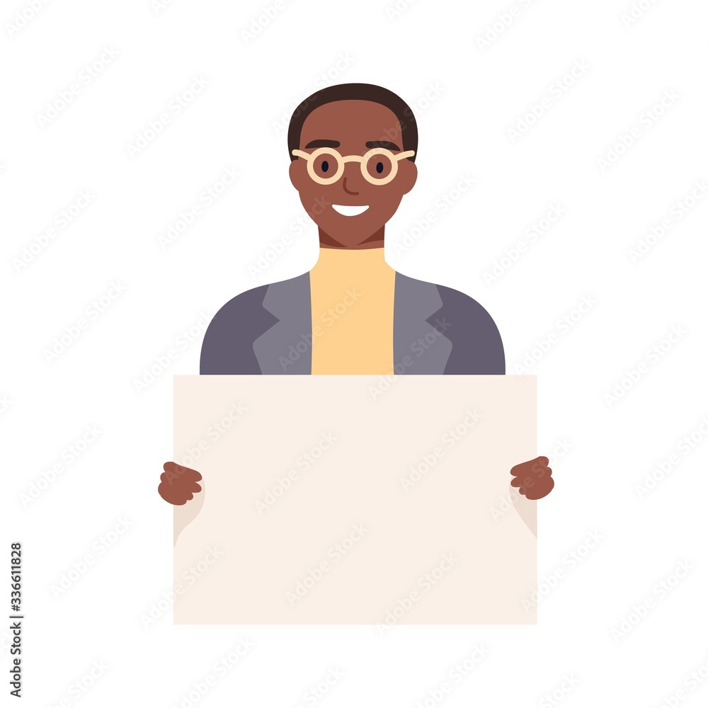 Smiling african american guy holding empty placard isolated on white background. Trendy young man carrying blank sheet with a place for text. Vector illustration in flat cartoon style Smiling african american guy holding empty placard isolated on white background. Trendy young man carrying blank sheet with a place for text. Vector illustration in flat cartoon style