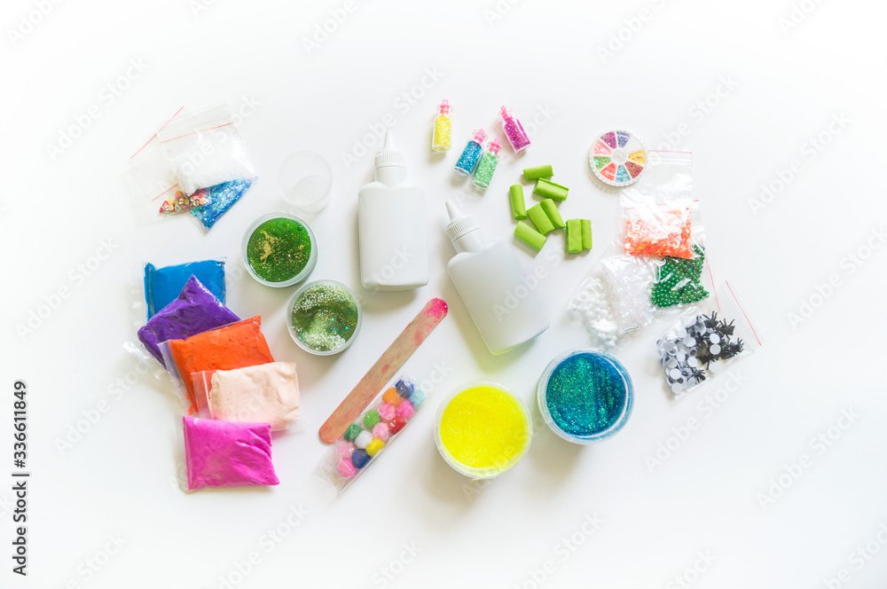 DIY slime. Ingredients and decorations for slimes.
