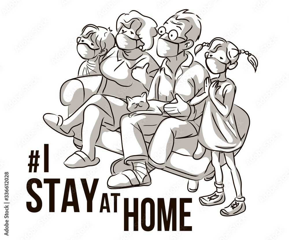 Obraz premium The family and the cat in the white medical mask to prevent the virus stay at home, the whole family isolates themselves on the couch, adult and elderly children stay at home in quarantine
