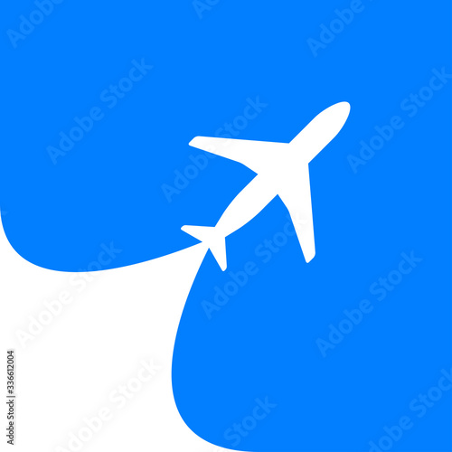 Icono plano avión color blanco con estela en fondo azul