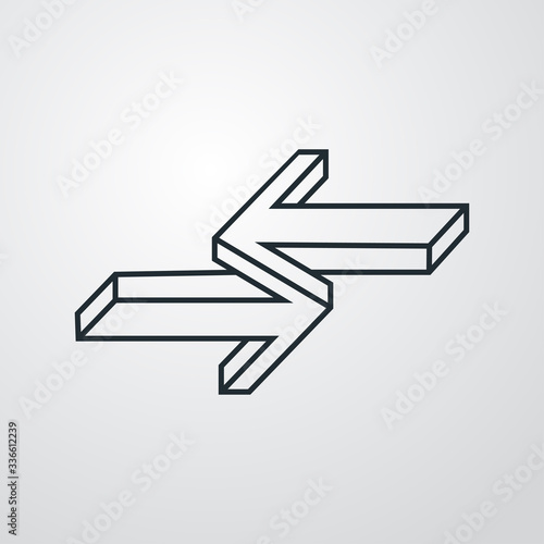 Icono lineal flechas dos direcciones con perspectiva imposible en fondo gris