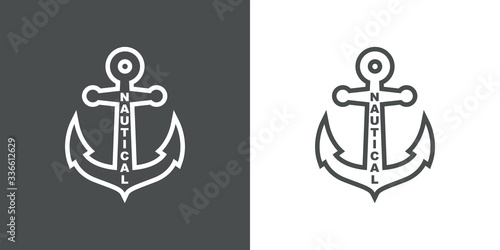 Icono plano lineal texto NAUTICAL en ancla en fondo gris y fondo blanco
