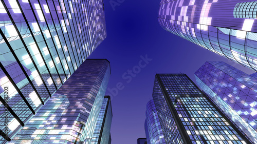 Modern Skyscraper Buildings office City Lights night 3D illustration images 