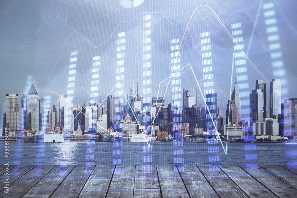 Obraz premium Forex graph on city view with skyscrapers background multi exposure. Financial analysis concept.