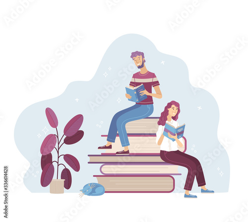 Young man and woman reading books