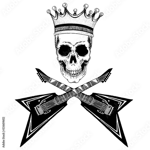 Vector skull with crown with guitars. Logo for shirt, musical poster