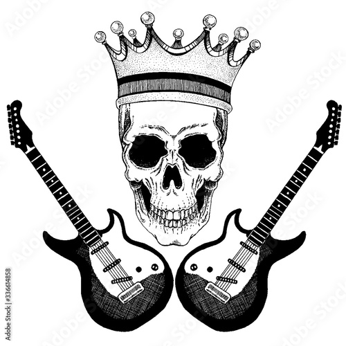 Vector skull with crown with guitars. Logo for shirt, musical poster