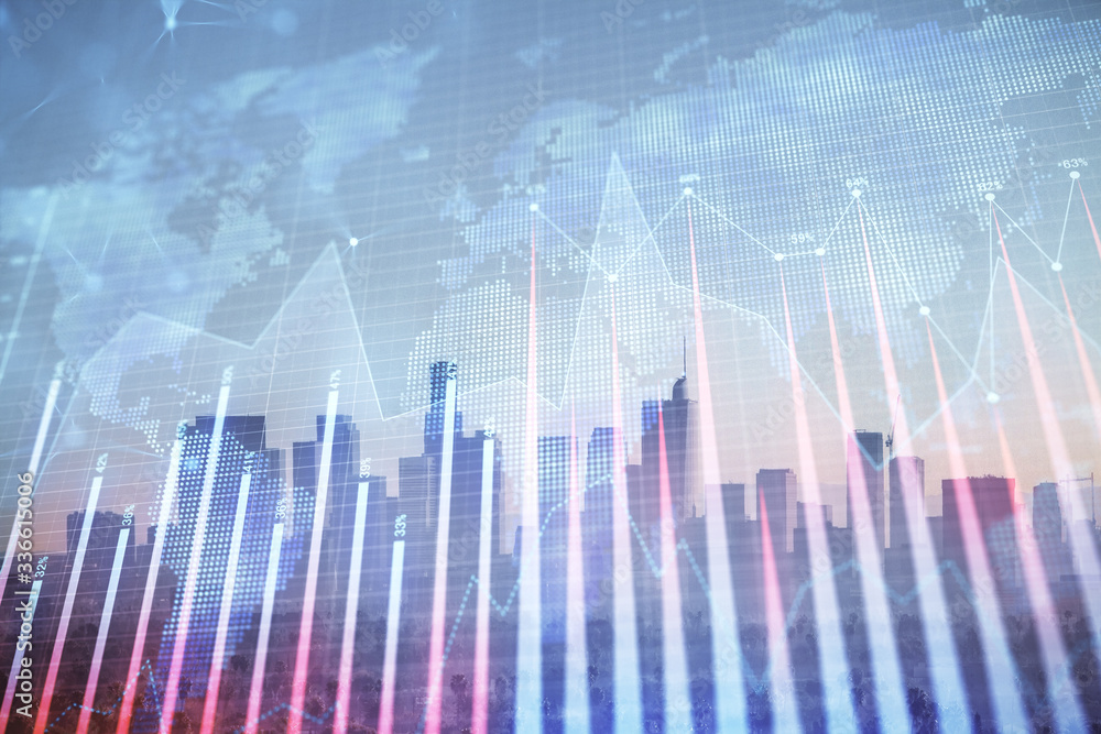Forex chart on cityscape with skyscrapers wallpaper double exposure. Financial research concept. Forex chart on cityscape with skyscrapers wallpaper double exposure. Financial research concept.