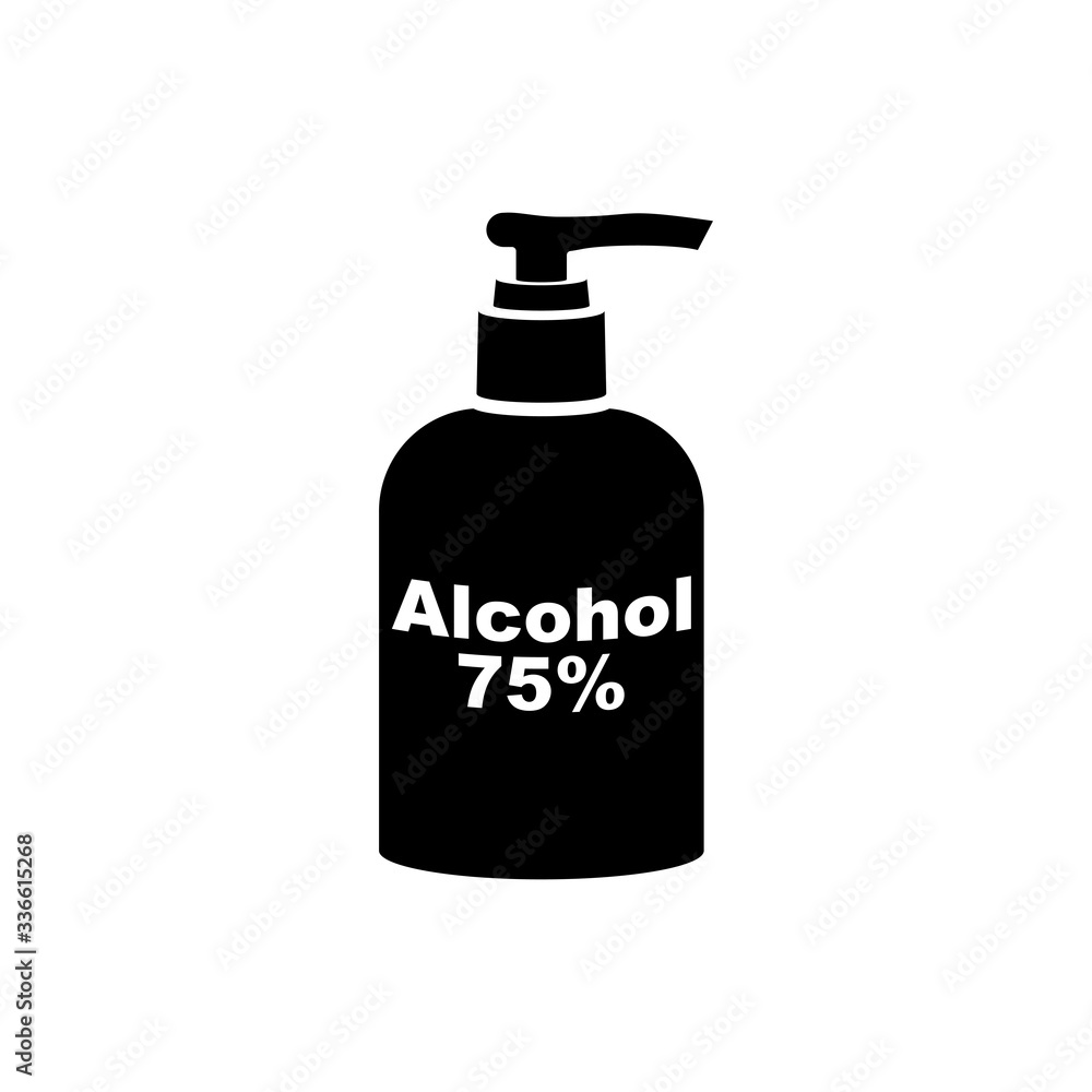 Black icon bottle of antibacterial alcohol 75. Sanitary product for hand washing. Hygienic gel in public place. Prevention coronavirus covid-19. Alcohol liquid flat icon. Vector illustration. Black icon bottle of antibacterial alcohol 75. Sanitary product for hand washing. Hygienic gel in public place. Prevention coronavirus covid-19. Alcohol liquid flat icon. Vector illustration.