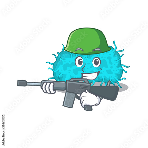 A cartoon picture of bacteria prokaryote in Army style with machine gun