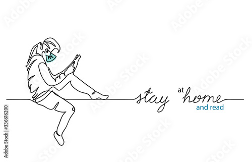 Stay at home and read. Girl wears medical face mask and reads book. One continuous line drawing vector web banner, background, poster.