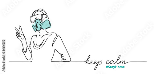 Person, girl in protective respirator and face mask. Vector simple illustration. Fingers in peace sign, lettering keep calm and hashtag stay at home.