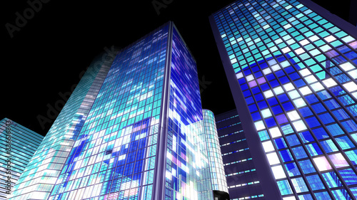 Modern Skyscraper Buildings office City Lights night 3D illustration images 