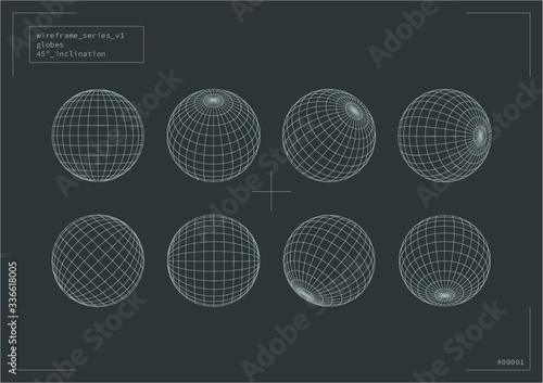 Globes in 45º Inclination, shapes made of strokes easily modifiable. 3D Shapes in wireframe render. © Daniel