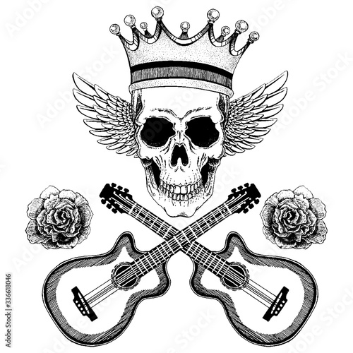 Vector skull with wings in crown with guitars. Logo for shirt, musical poster