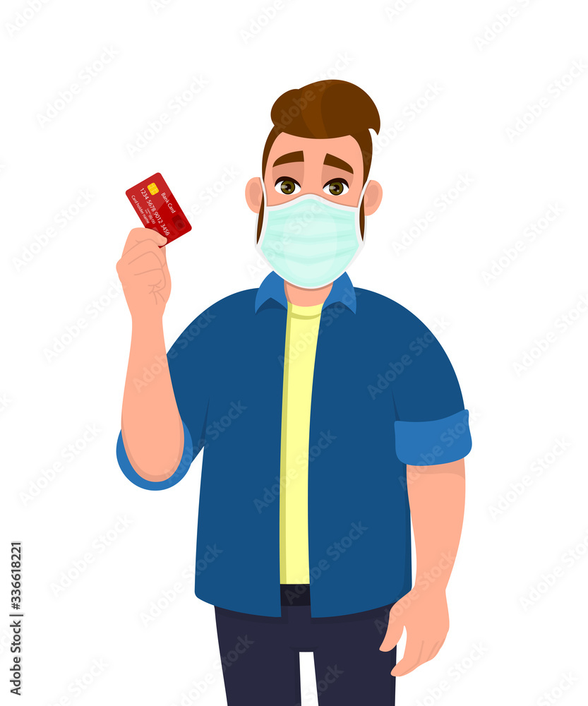 Hipster young man wearing medical mask and showing credit, debit, ATM card. Trendy person covering face protection from virus disease. Male character design. Cartoon illustration in vector style. Hipster young man wearing medical mask and showing credit, debit, ATM card. Trendy person covering face protection from virus disease. Male character design. Cartoon illustration in vector style.