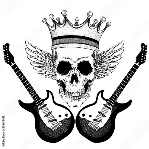 Vector skull with wings in crown with guitars. Logo for shirt, musical poster