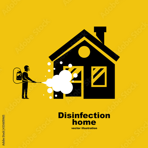 Landing page disinfection home. Service prevention epidemic of coronavirus covid-2019. Worker in hazmat suit does sanitization. Chemical protection. Vector flat design. Cleaner in hand.