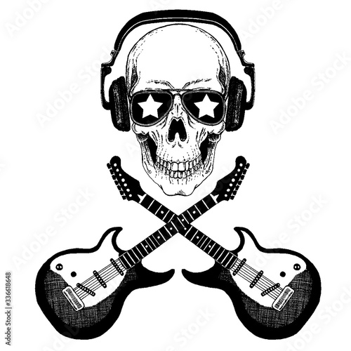 Vector skull in headphones with guitars. Logo for shirt, musical poster