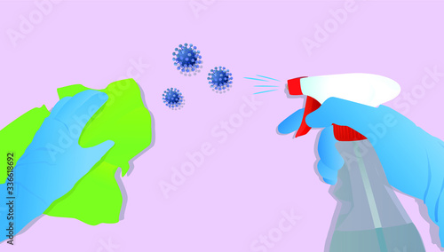 Cleaning coronavirus, COVID-19 disinfection, protective gloves and hygiene products against the virus