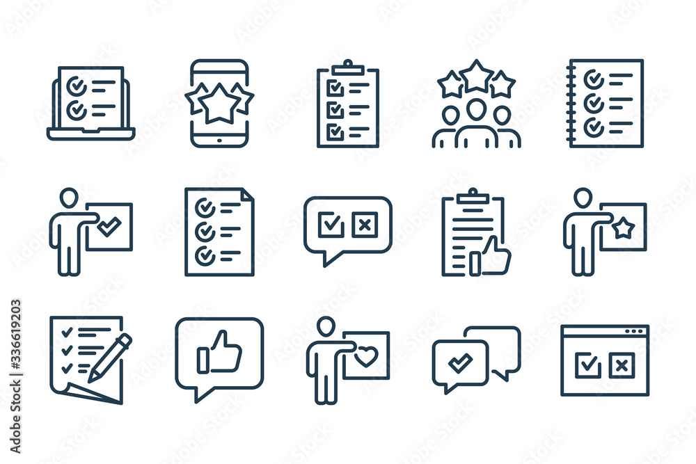 © NikWB - Survey, Review and Feedback related line icon set. Quiz and Questionary vector icons. © NikWB - Survey, Review and Feedback related line icon set. Quiz and Questionary vector icons.