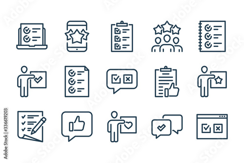 Survey, Review and Feedback related line icon set. Quiz and Questionary vector icons.