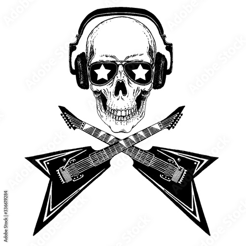 Vector skull in headphones with guitars. Logo for shirt, musical poster