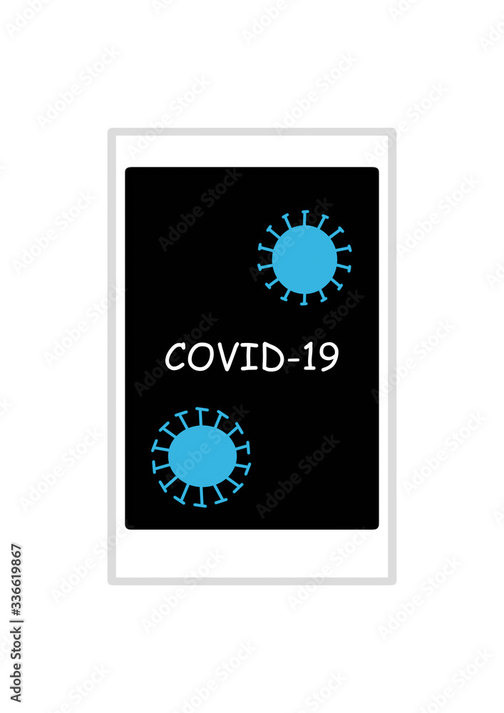 Obraz premium Corona virus news online read at home on tablet. COVID-19 text written on black touchscreen with coronavirus drawing.