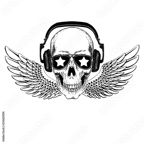 Vector skull in headphones with wings. Logo for shirt, musical poster