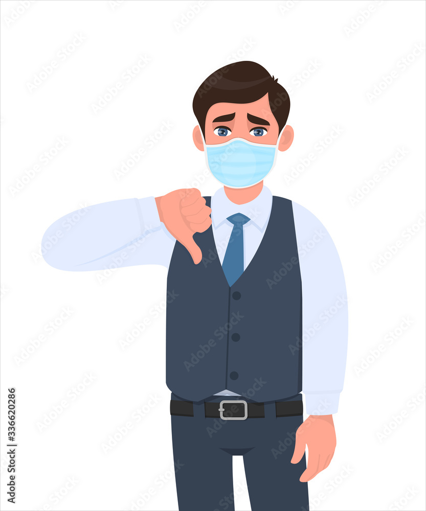 Unhappy young businessman wearing medical mask and showing thumbs down sign. Trendy person in waistcoat covering face protection and gesturing dislike symbol. Male cartoon illustration in vector. Unhappy young businessman wearing medical mask and showing thumbs down sign. Trendy person in waistcoat covering face protection and gesturing dislike symbol. Male cartoon illustration in vector.