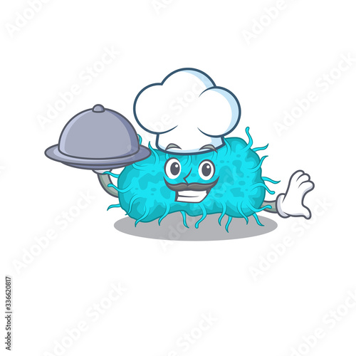 bacteria prokaryote chef cartoon character serving food on tray © kongvector
