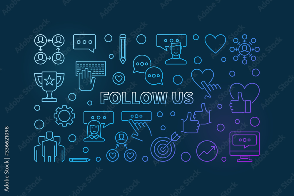 Follow US vector colorful concept linear horizontal illustration or banner