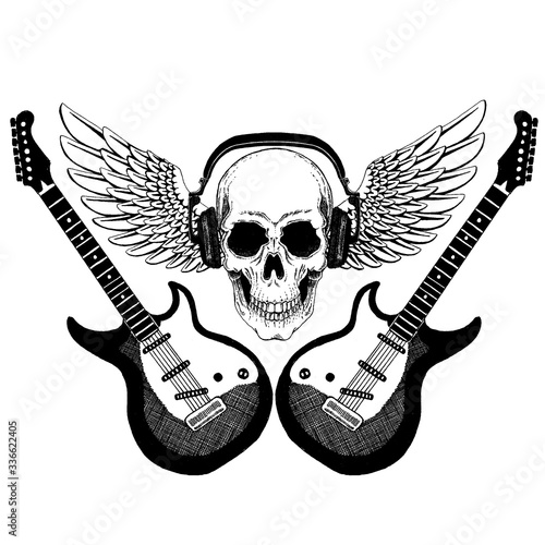 Vector skull in headphones with guitars. Logo for shirt, musical online school, internet education, tattoo, poster.