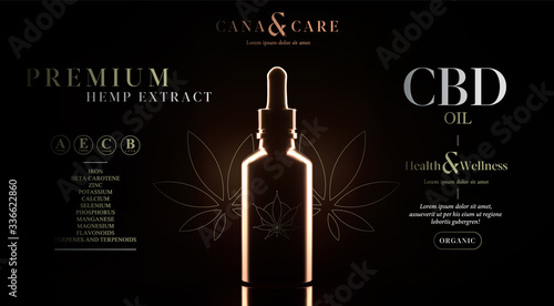 CBD oil benefits. Cannabis oil. Marijuana background. Realistic glass bottle with hemp oil. Mock up of cannabis oil extracts in jar. Medical Marijuana use flyer or banner. Recreational weed usage.