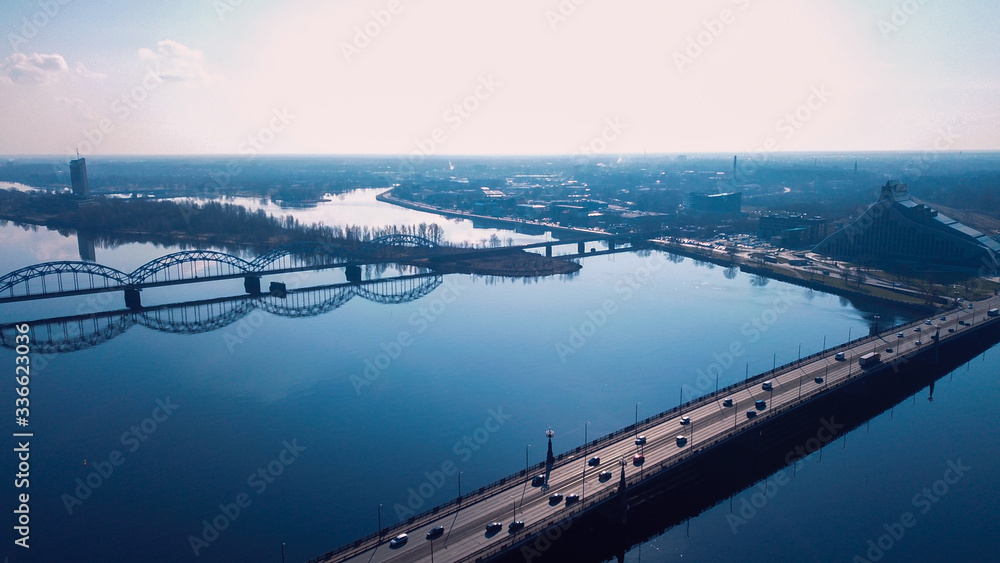 Aerial View to the Riga Bridge and Old Town, Latvia