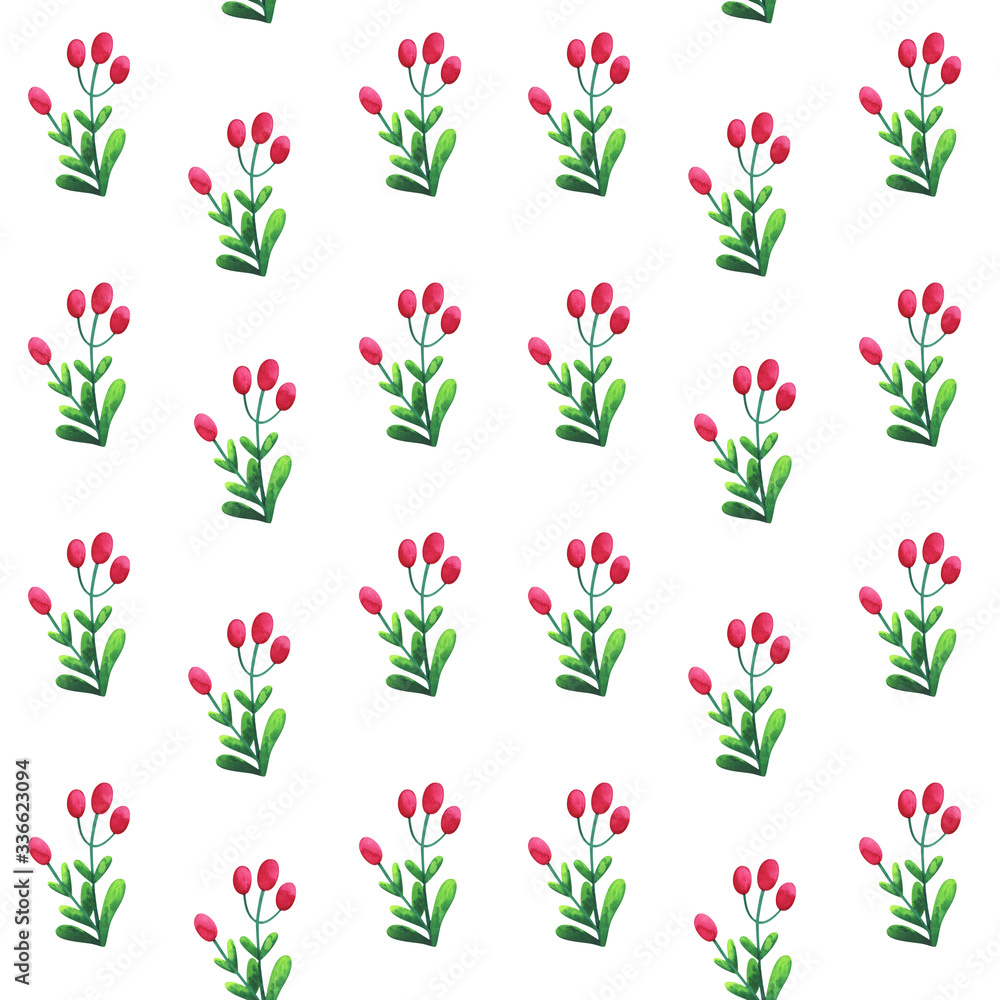 Watercolor Botanical pattern. Seamless simple pattern on a white background. Cute green plant with pink berries. The illustration in childish style for print, textile, fabric, wrapping paper Watercolor Botanical pattern. Seamless simple pattern on a white background. Cute green plant with pink berries. The illustration in childish style for print, textile, fabric, wrapping paper