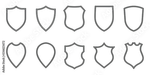 Shields graphic icons set. Blank heraldic shields signs isolated on white background. Symbols power, protection and coat of arms. Vector illustration
