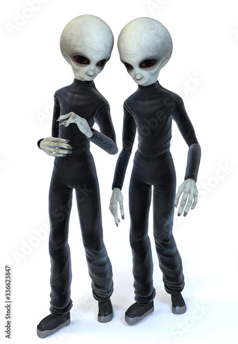 Two gray aliens in black jumpsuits isolated on a white background. 3D illustration.