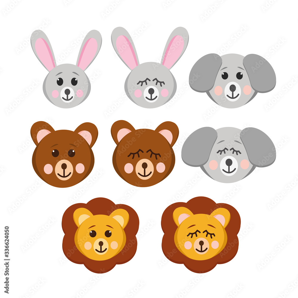 Fototapeta premium animals set in a flat style. faces with closed and open eyes and a smile - hare, dog, bear, lion. Cute fun cartoon kids. sticker, icon, poster, card, baby shower decor