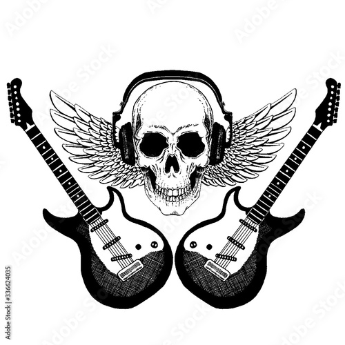 Vector skull in headphones with guitars. Logo for shirt, musical online school, internet education, tattoo, poster.