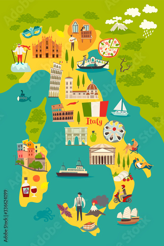 Italy map vector. Illustrated colored map of Italy. Cartoon abstract atlas of Italy with landmark: Coliseum, The Rome Cathedral, Milan Cathedral and Pisa Tower. Gondola on Canal Grande, venetian mask