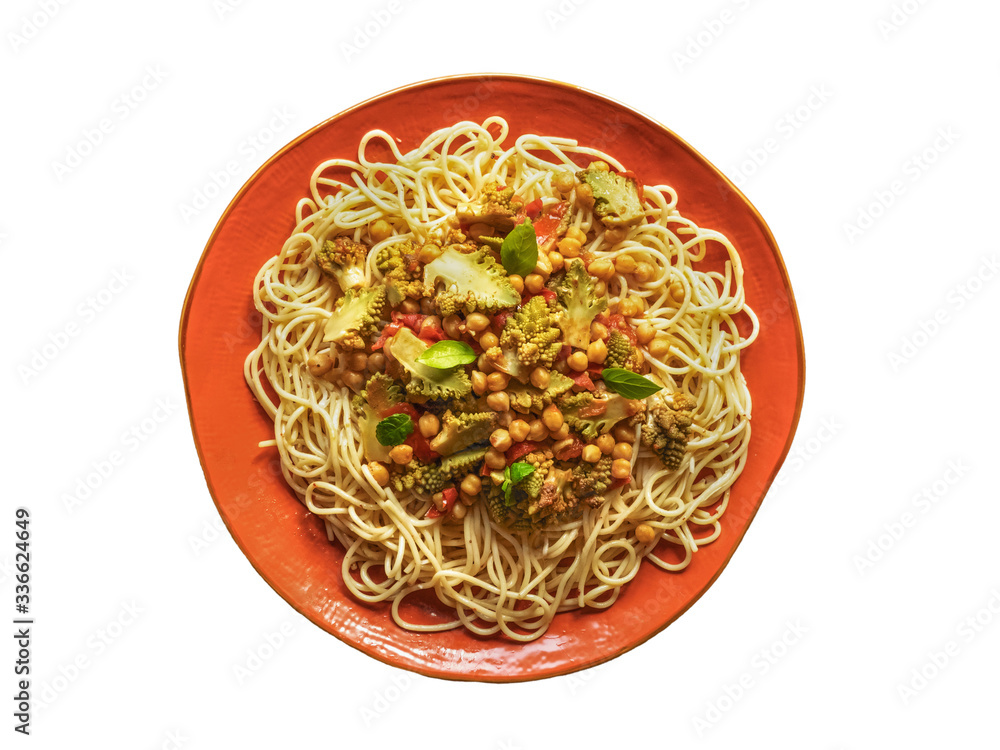 Isolated nutty roasted romanesco curry with noodles Isolated nutty roasted romanesco curry with noodles