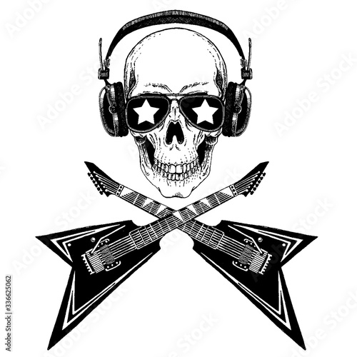 Vector skull in headphones with guitars. Logo for shirt, musical online school, internet education, tattoo, poster.